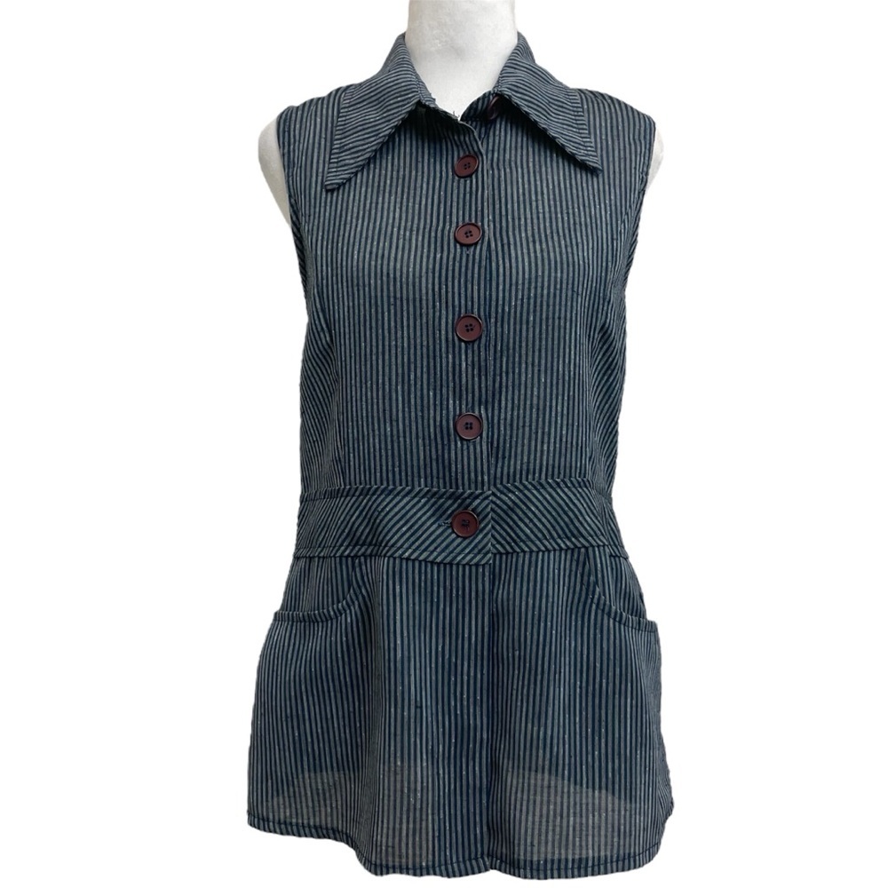 Handmade Vintage Blue & Gray Striped Button Front Sleeveless Vest OOAK